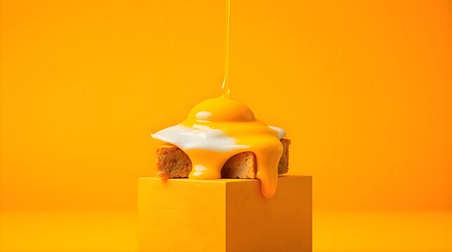 Donut with icing on top of a yellow box, sweet bakery dessert glazed doughnut snack, colorful minimal food product commercial layout backdrop
