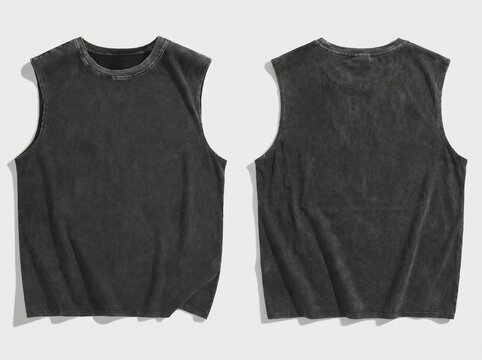 Front and Back View of Blank Charcoal Grey Acid-Wash Sleeveless Muscle T-Shirt, Vintage Streetwear Tank Top Mockup for Apparel Design