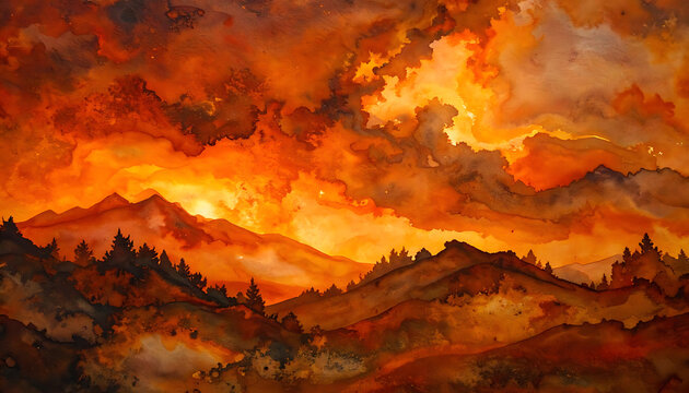 Fiery sunset over misty mountains with silhouetted pine trees, vibrant orange and red watercolor abstract texture