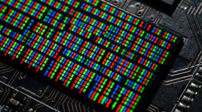 Extreme Macro Close Up of a Digital Camera Sensor Showing RGB Subpixel Array on Electronic Circuit Board