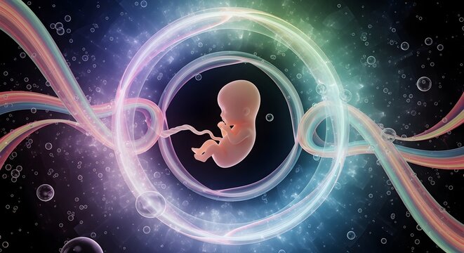Fetal Development in Utero, Embryo Growth, Science Visualization, Medical Illustration, Futuristic Concept