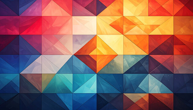 Geometric abstract pattern with triangles in warm and cool colors, vibrant gradient transition, modern digital art mosaic