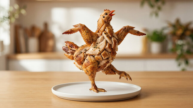 Roasted Whole Chicken Posed Dancing on White Plate in Home Kitchen