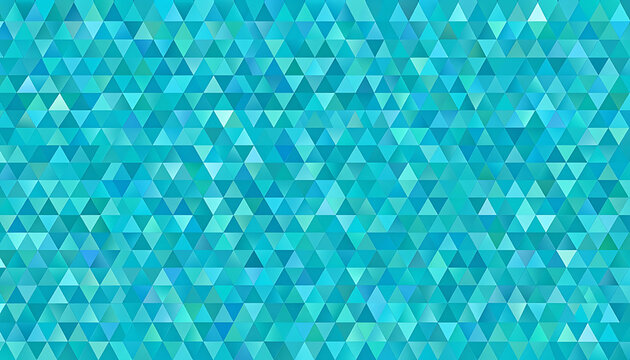 Geometric mosaic pattern of many small cyan and turquoise triangles, abstract background, tessellation effect