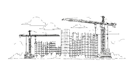 Obraz premium Construction Site Line Art Illustration with Tower Cranes and Unfinished Buildings; Architectural Sketch of Urban Development and Engineering