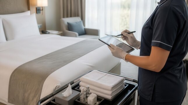 Housekeeping Staff Using Tablet for Hotel Room Management