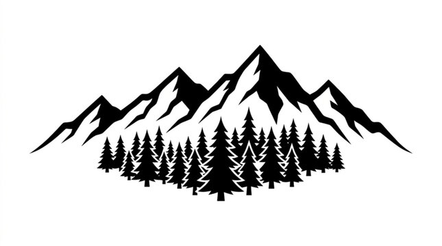 Mountain range with pine trees in black silhouette on white background