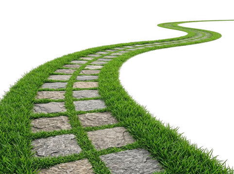 Curved stone walkway through grass lawn as PNG cutout isolated on transparent background