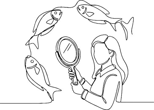Woman holding mirror reflecting imaginary fish illustration.