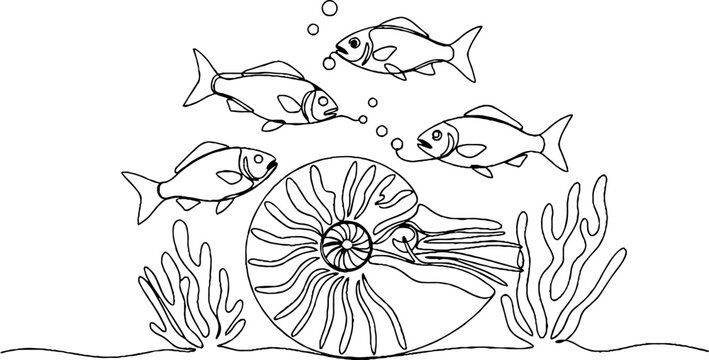 Detailed Underwater Illustration of Fish and Nautilus Shell.
