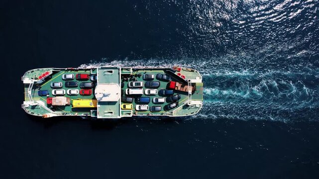 Passage vessel bustling with vehicles and tourists on sunny day