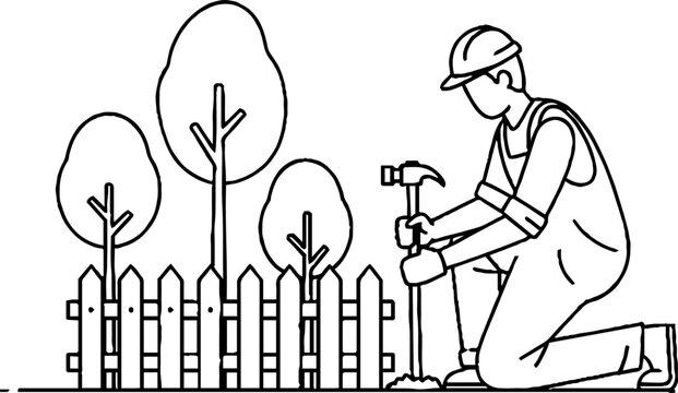 Gardener repairing wooden fence near young trees outdoors.