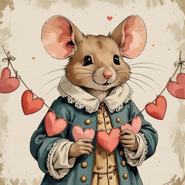 Mouse with cute hearts watercolor