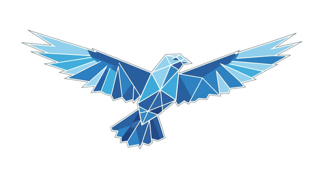 Abstract geometric blue bird flying with spread wings. Polygonal avian design element or icon, freedom concept.