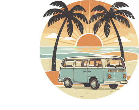 Vintage Camper Van on Tropical Beach at Sunset Travel Illustration