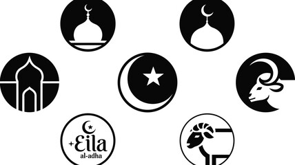 Islamic holiday celebration set featuring mosque dome crescent moon star and sacrificial ram. © Sharmistha