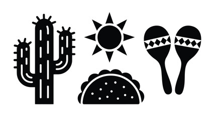 Desert landscape icons featuring tall cactus bright sun tasty taco and musical maracas. © Sharmistha