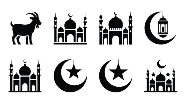 Islamic vector icon pack featuring mosque silhouette goat and crescent moon with stars.