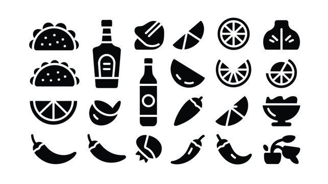 Mexican food vector icons. taco, hot sauce, lemon, chili pepper, avocado, salsa set.