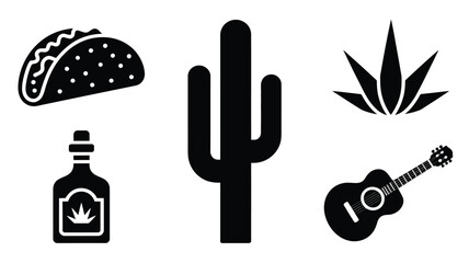 Set of mexican food icons featuring a taco cactus agave plant tequila bottle and guitar art. © Sharmistha