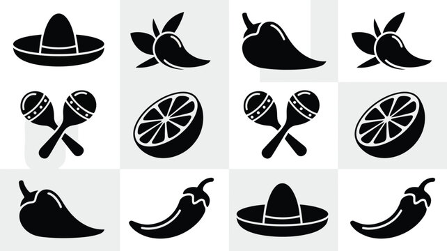 Seamless pattern of Mexican fiesta icons in black and white tile grid.