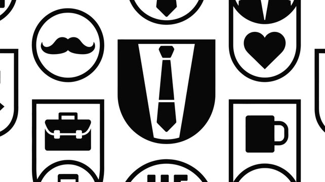 Abstract pattern design with repeating mustache tie heart and briefcase icons on white.