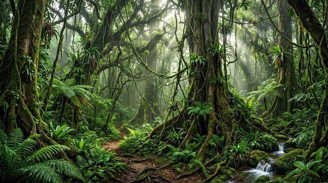 Dense tropical rainforest with lush greenery.