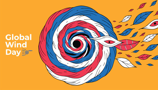 Artistic swirling wind vortex graphic with colorful leaves for global day