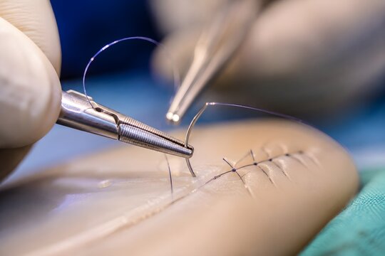 Surgeon Suturing Wound With Needle Driver &mdash; Close-Up Surgical Stitching Medical Photography