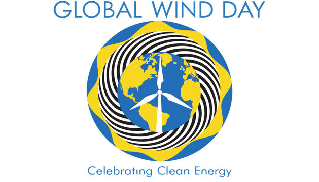 Global wind day logo featuring a stylized spinning earth turbine icon