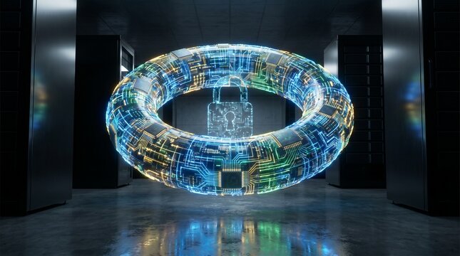 A glowing toroidal energy field with intricate circuitry patterns, set within a futuristic server room.