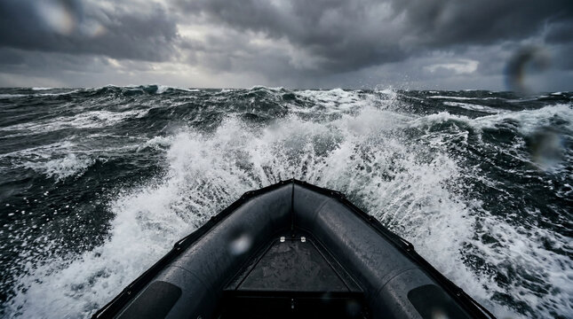 POV looking ahead from high speed zodiac boat piercing through large choppy ocean water waves