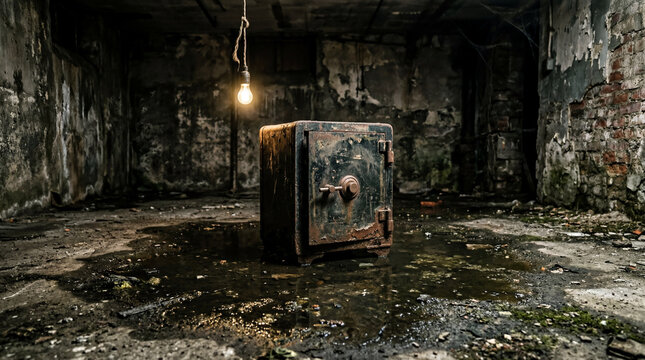 Battered metal safe box sitting in water puddle inside dark basement with single hanging light