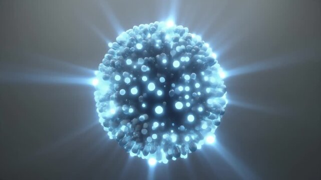 A luminous blue sphere composed of closely packed glowing nodes radiates bright beams in all directions against a dark, soft background, evoking a nanoscopic starburst or abstract energy orb today!?!