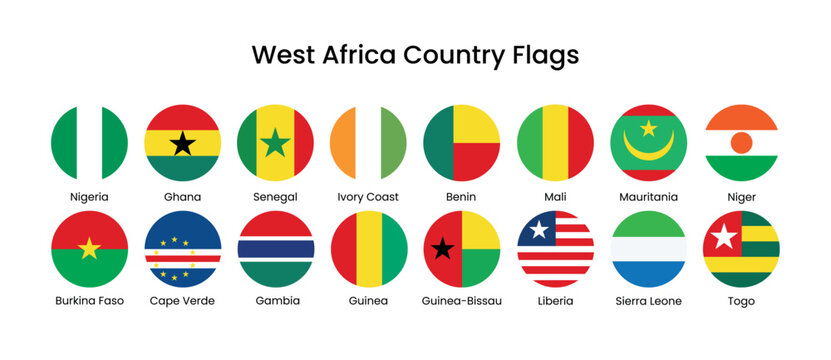 West African flags in circular icons element vector set
