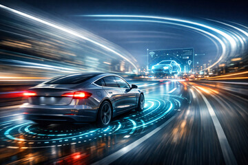 Fototapeta premium High-Speed Electric Car on Rainy Night Roadway