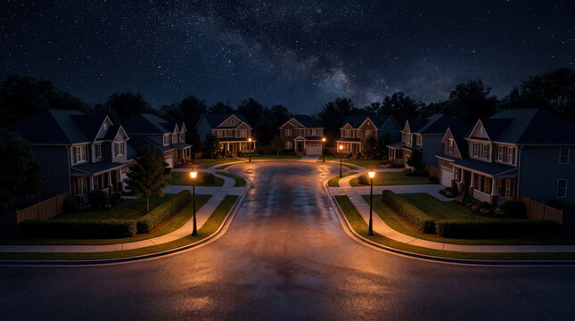 Point Of View Looking Down Empty Suburban Cul De Sac Street Under Starry Night Sky