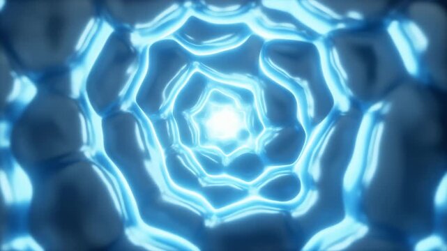 A luminous blue tunnel of nested polygons extends toward a bright center, creating a hypnotic kaleidoscopic vortex with cyan-glowing edges, smooth reflections, and a cool geometric depth. A neon glow