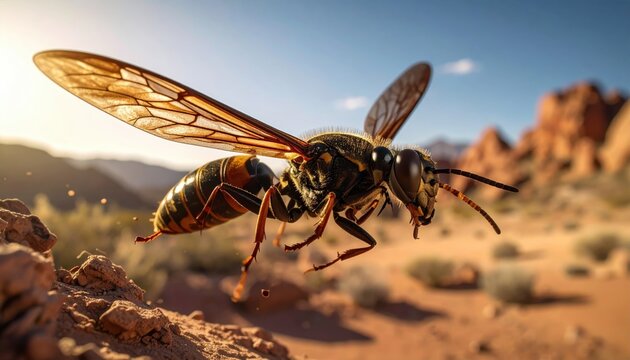A Cicada Killer Wasp in Mid-Flight, Hunting in a Desert Landscape