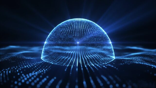 A luminous blue translucent dome rises from a glowing dotted grid, casting radiant lines across a dark starry background; a cybernetic landscape of light and data. Sleek, futuristic mood digital awe