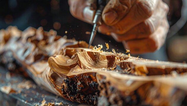 Artisan hand meticulously carves intricate details into natural wood using fine chisels
