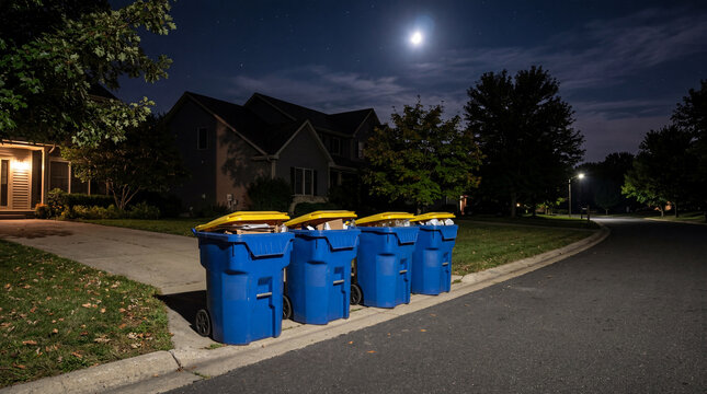 Point of view looking at organized row of plastic recycling bins on suburban curb street