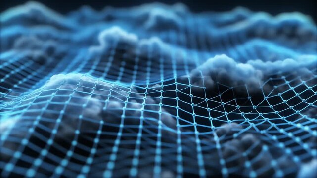 A luminous blue wireframe mesh undulates over a dark backdrop, resembling a digital wave,shimmering