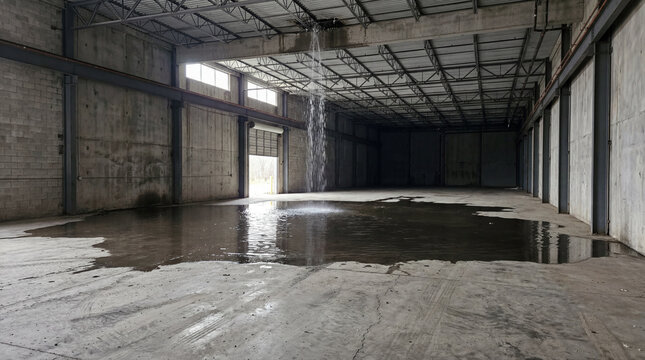 Empty generic concrete industrial warehouse interior showing large accumulated water puddle reflections on floor view