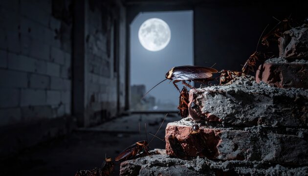 Cockroaches scurrying across a moonlit ruined building with sharp focus on their rapid movement