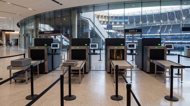 Row of security X ray baggage scanners at premium stadium entrance empty arena checkpoint corridor