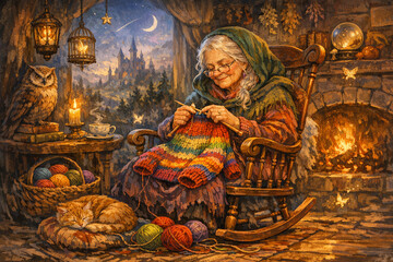 Obraz premium Wise Old Woman Knitting by the Fireplace