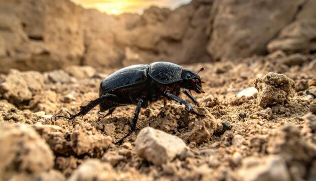 Black Dung Beetle Navigates Rocky Arid Terrain with Cargo