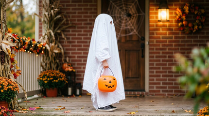 Child dressed as a ghost holding a jack-o-lantern candy bucket on a porch decorated for Halloween © Studio Fiuza