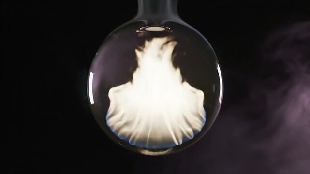 A glass orb contains a burning fire on a dark background